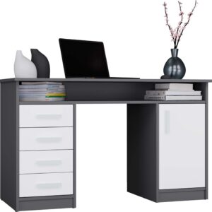 BIURKO ADA ANTRACYT BIAŁY 125 Cm 4 Szuflady Szafka Półki Do Biura Pokoju Na Laptop